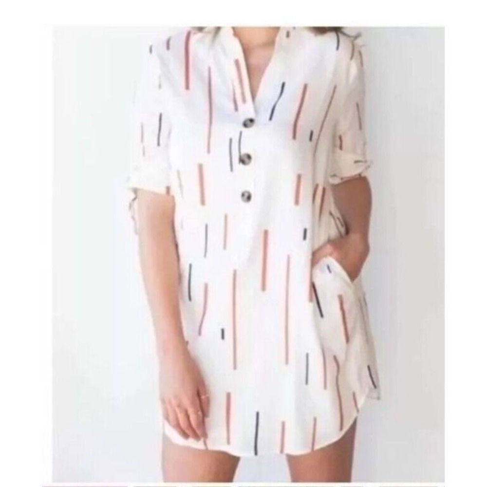 3/$20 LUSH White Abstract Stripe Button Front Shift Dress Tie Sleeve Pockets S